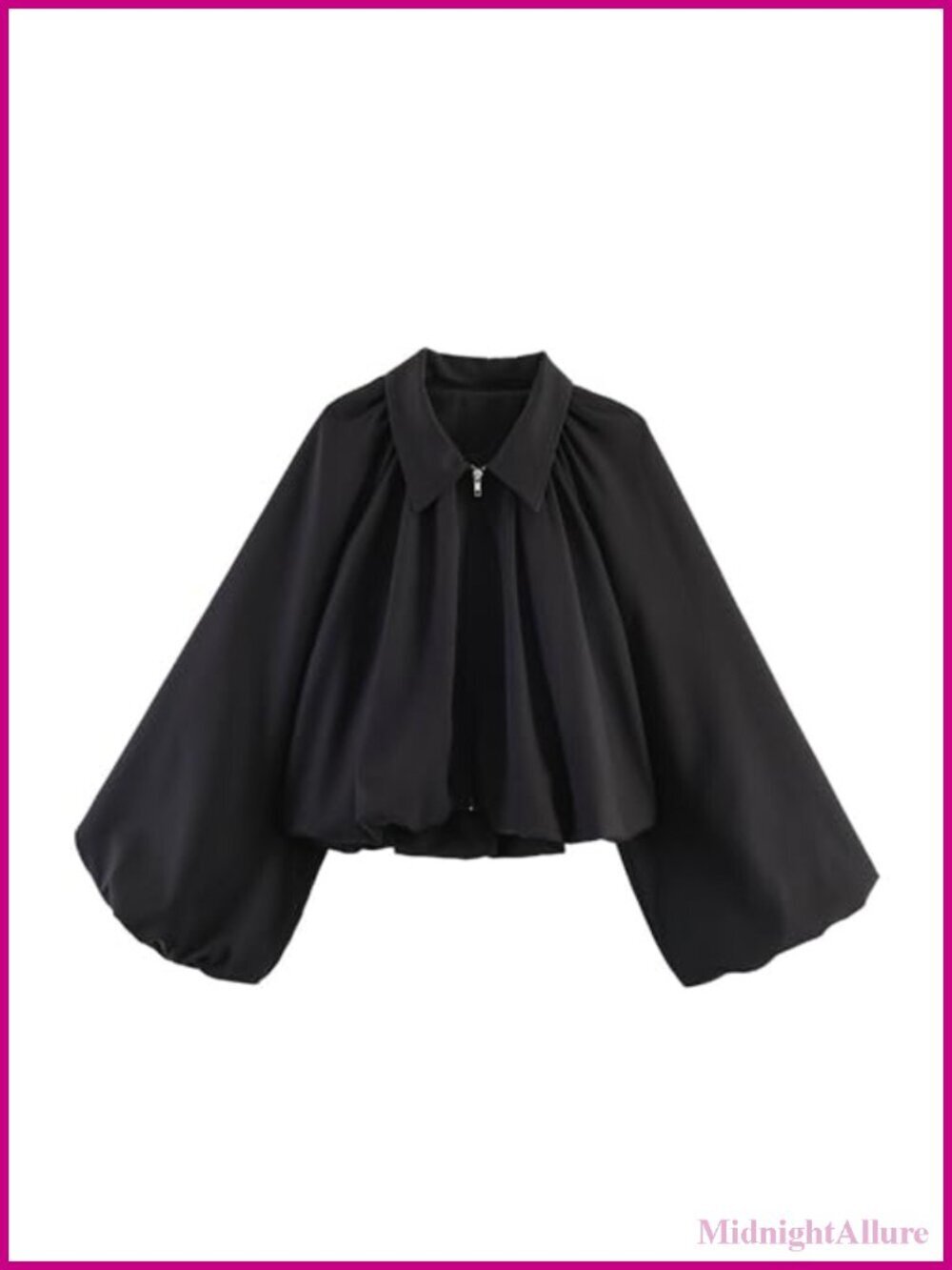 Puffed Sleeve Bomber Jacket Lapel Collar Zip Up Cropped Loose Fit Spring Fall